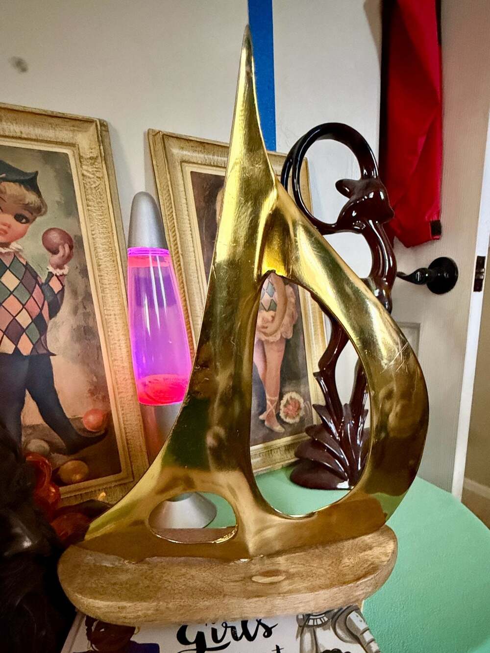 Vintage De Mott Brass Sailboat Brutalist Sculpture on wooden Base